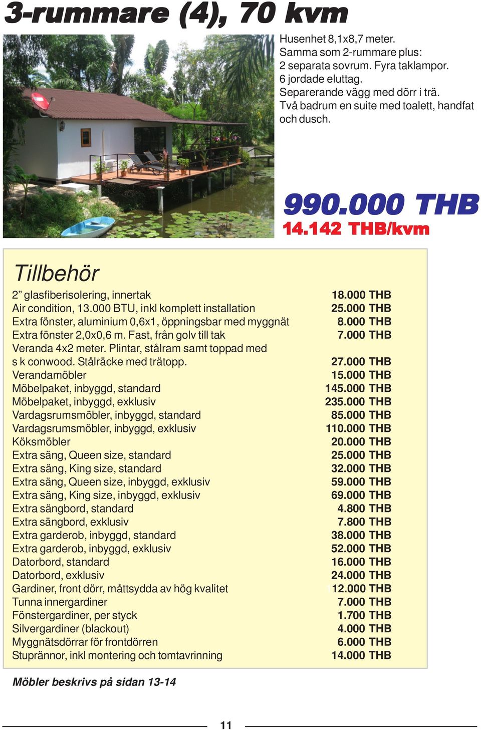 000 THB Extra fönster, aluminium 0,6x1, öppningsbar med myggnät Extra fönster 2,0x0,6 m. Fast, från golv till tak Veranda 4x2 meter. Plintar, stålram samt toppad med s k conwood.