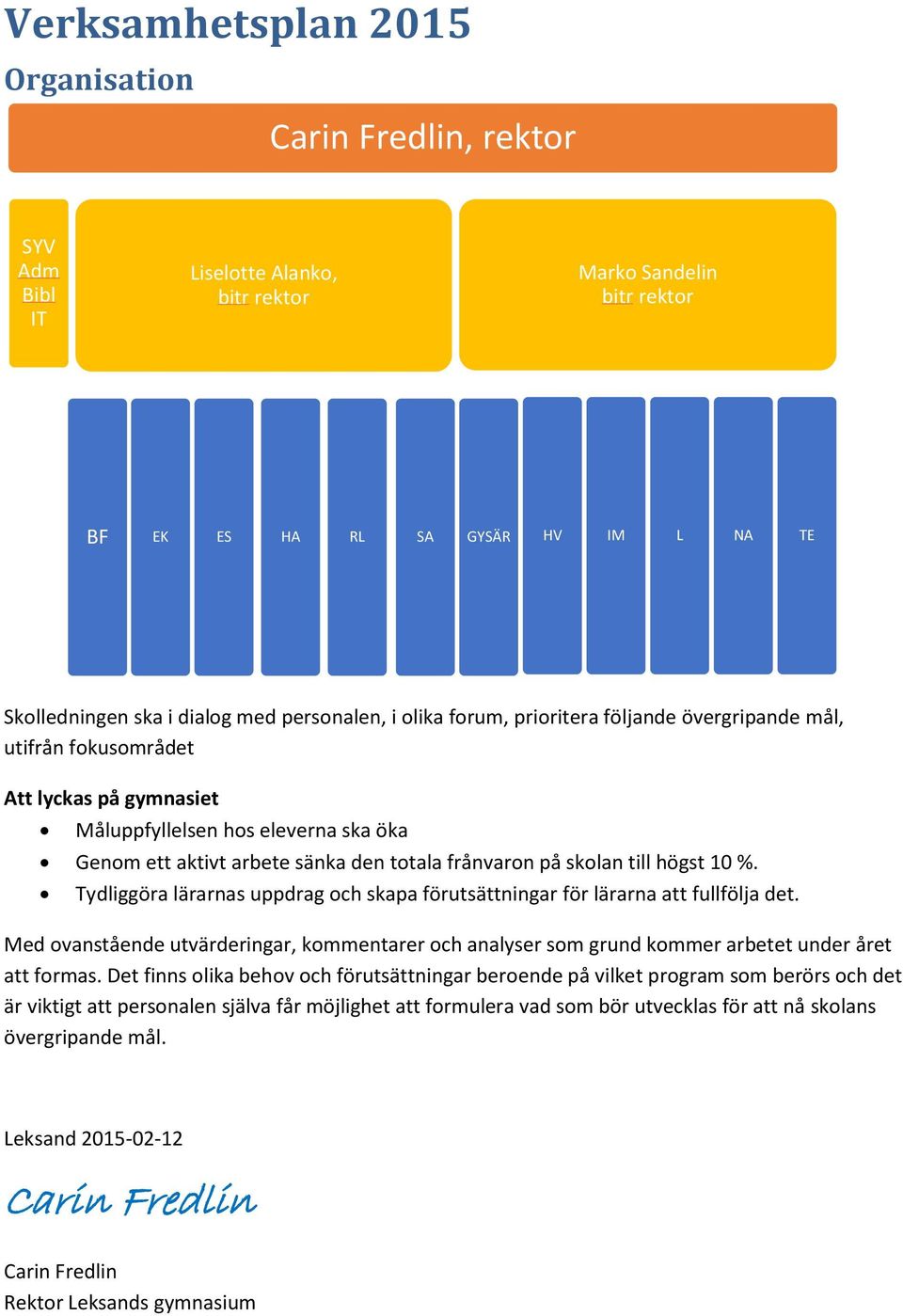 på skolan till högst 10 %. Tydliggöra lärarnas uppdrag och skapa förutsättningar för lärarna att fullfölja det.