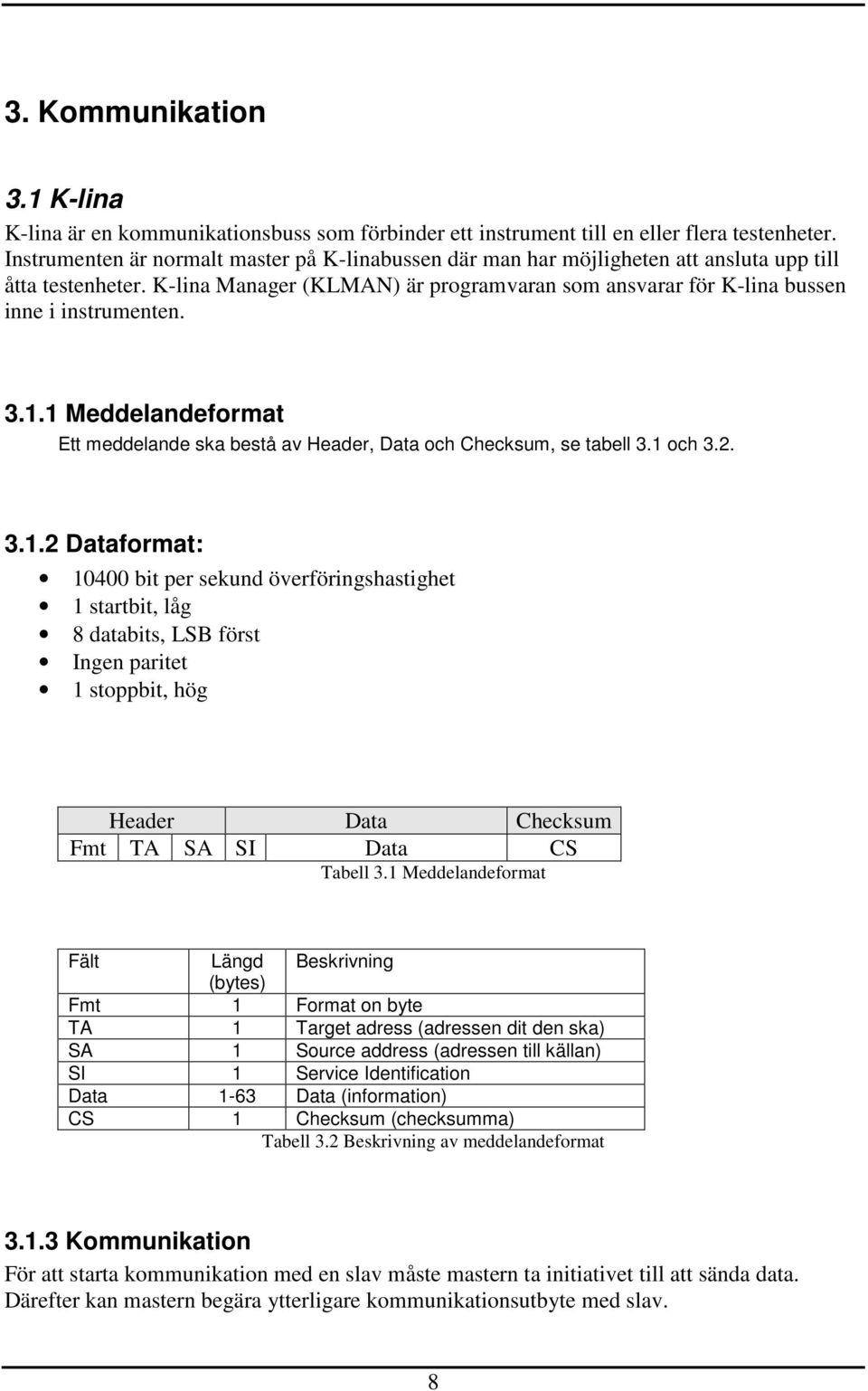 3.1.1 Meddelandeformat Ett meddelande ska bestå av Header, Data och Checksum, se tabell 3.1 och 3.2. 3.1.2 Dataformat: 10400 bit per sekund överföringshastighet 1 startbit, låg 8 databits, LSB först Ingen paritet 1 stoppbit, hög Header Data Checksum Fmt TA SA SI Data CS Tabell 3.