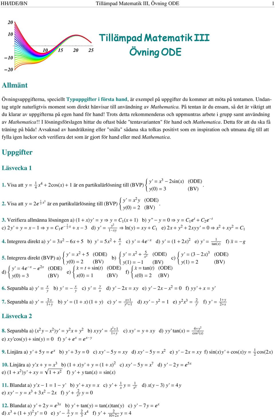 På tentan är du ensam, så det är viktigt att du klarar av uppgifterna på egen hand för hand! Trots detta rekommenderas och uppmuntras arbete i grupp samt användning av Mathematica!