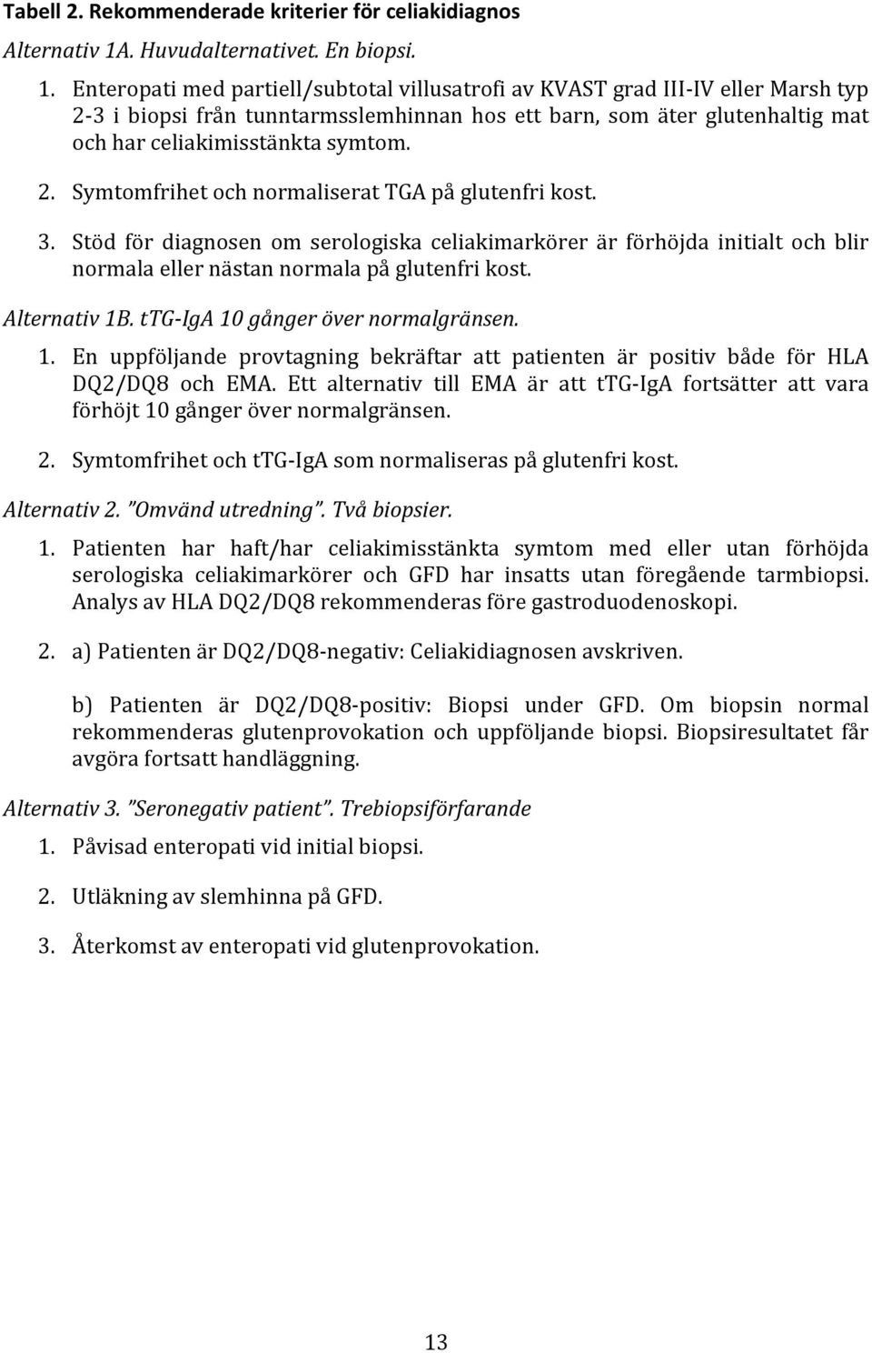 Enteropati med partiell/subtotal villusatrofi av KVAST grad III IV eller Marsh typ 2 3 i biopsi från tunntarmsslemhinnan hos ett barn, som äter glutenhaltig mat och har celiakimisstänkta symtom. 2. Symtomfrihet och normaliserat TGA på glutenfri kost.