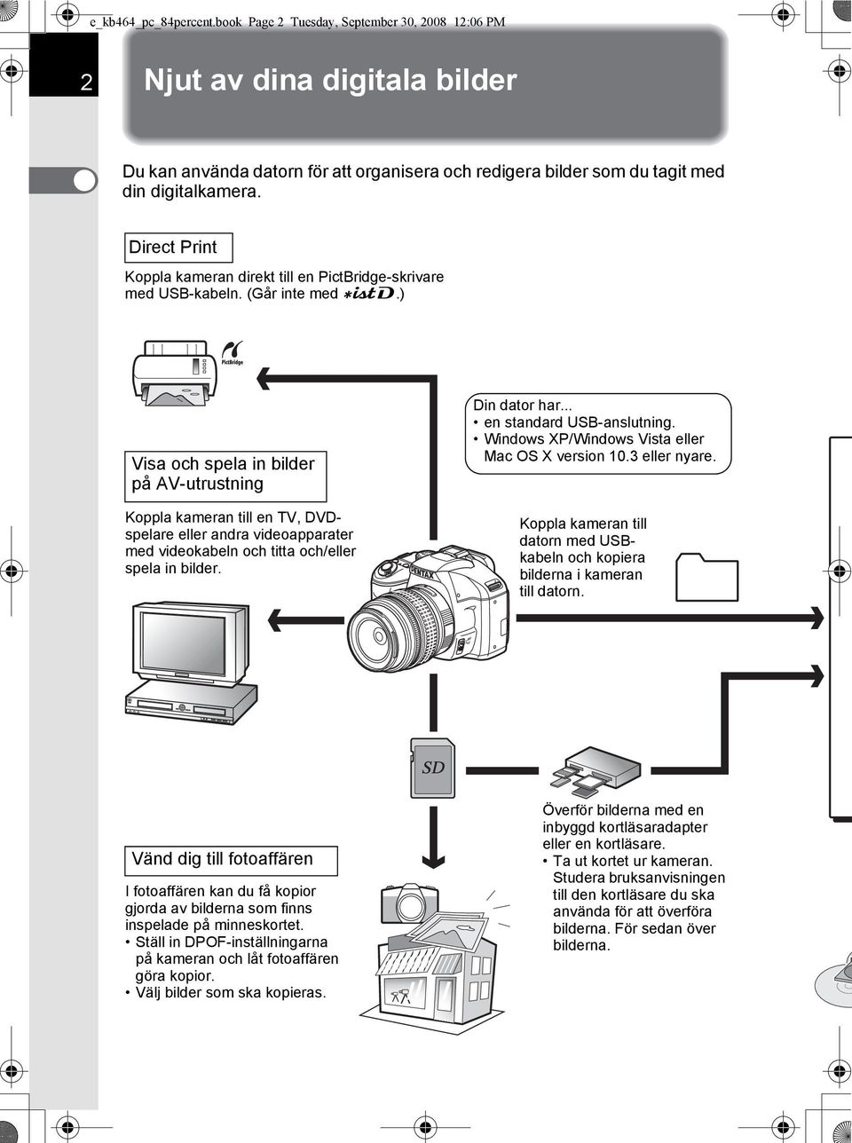 ) Visa och spela in bilder på AV-utrustning Koppla kameran till en TV, DVDspelare eller andra videoapparater med videokabeln och titta och/eller spela in bilder. Din dator har.