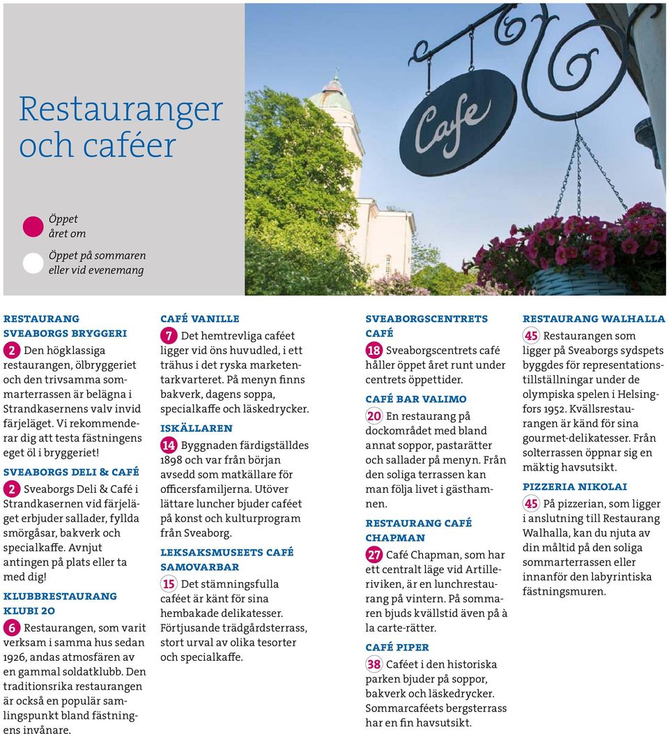 sveaborgs deli & café Sveaborgs Deli & Café i Strandkasernen vid färjeläget erbjuder sallader, fyllda smörgåsar, bakverk och specialkaffe. Avnjut antingen på plats eller ta med dig!