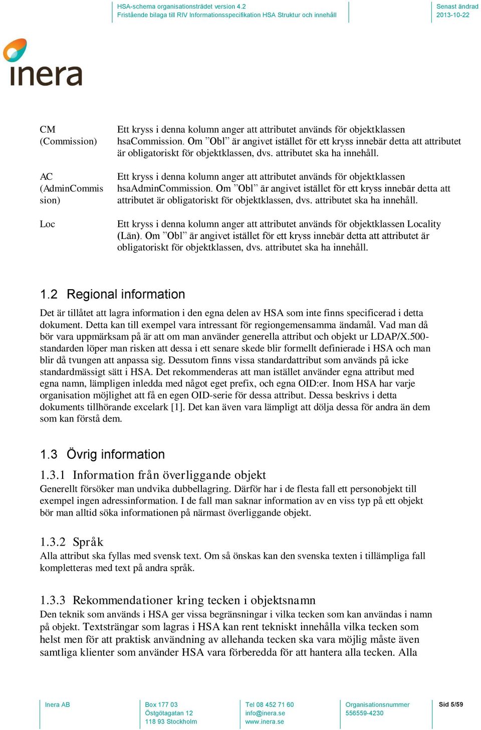 Ett kryss i denna kolumn anger att attributet används för objektklassen hsaadmincommission.  Ett kryss i denna kolumn anger att attributet används för objektklassen Locality (Län).  1.