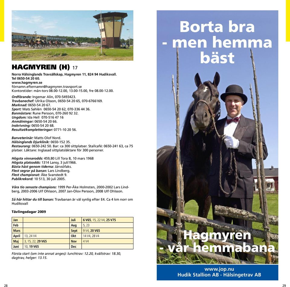 Banmästare: Rune Persson, 070-260 92 32. Ungdom: Ida Hell 070-516 47 16 Anmälningar: 0650-54 20 66. Inskrivning: 0650-54 20 68. Borta bra - men hemma bäst Banveterinär: Matts Olof Nord.