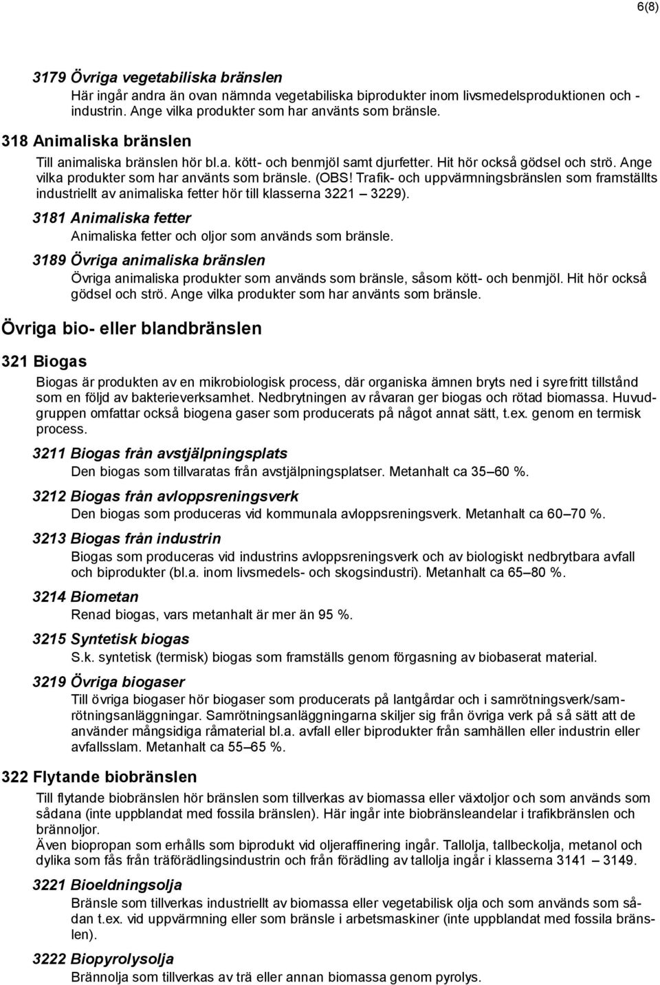 Trafik- och uppvärmningsbränslen som framställts industriellt av animaliska fetter hör till klasserna 3221 3229). 3181 Animaliska fetter Animaliska fetter och oljor som används som bränsle.