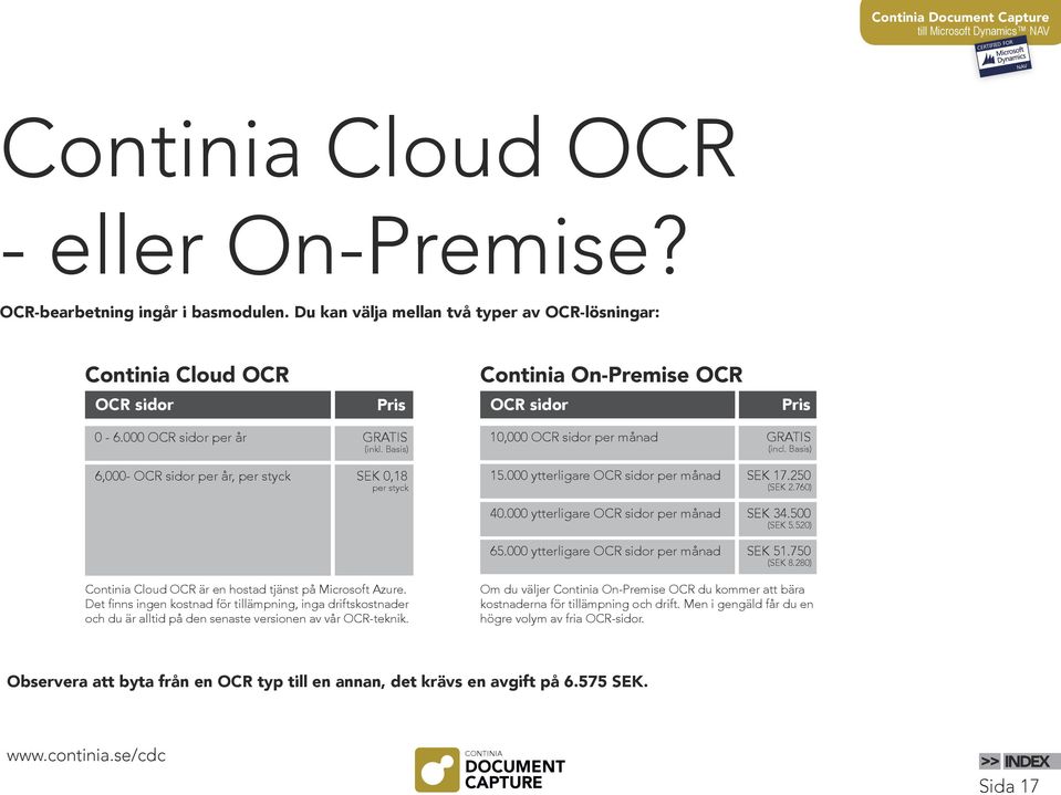 Basis) 6,000- OCR sidor per år, per styck SEK 0,18 per styck 10,000 OCR sidor GRATIS (incl. Basis) 15.000 ytterligare OCR sidor SEK 17.250 (SEK 2.760) 40.000 ytterligare OCR sidor SEK 34.500 (SEK 5.