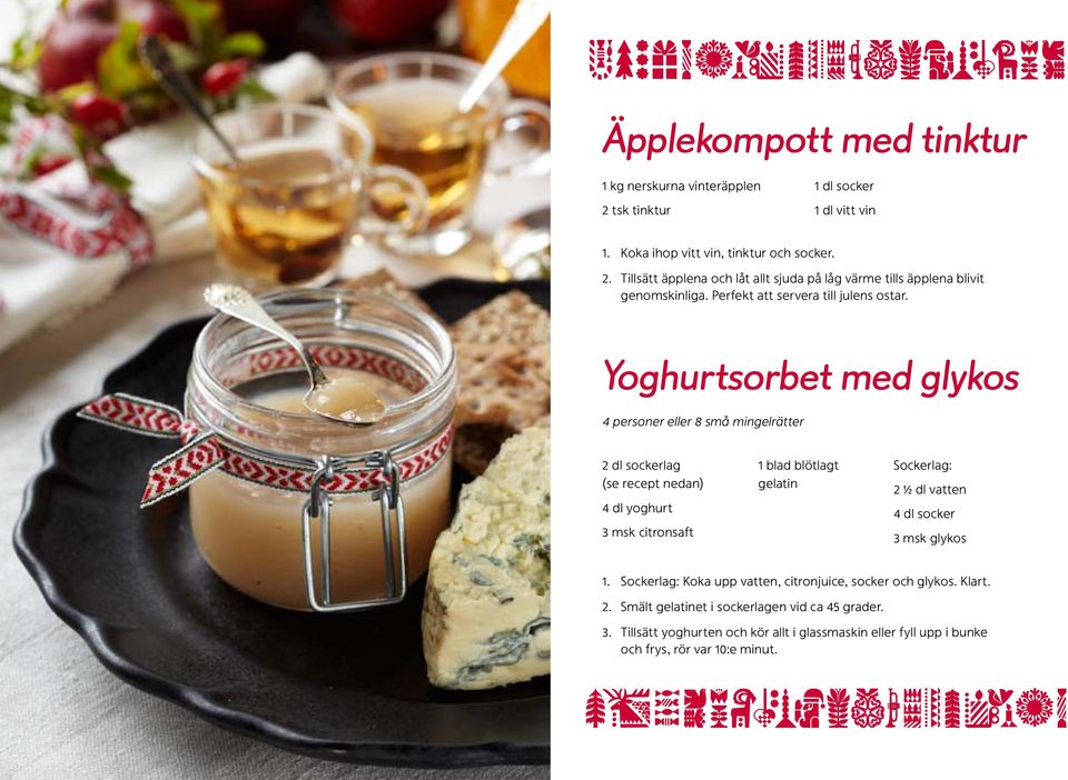 Yoghurtsorbet med glykos 2 dl sockerlag (se recept nedan) 4 dl yoghurt 3 msk citronsaft 1 blad blötlagt gelatin Sockerlag: 2 ½ dl vatten 4 dl socker 3 msk glykos