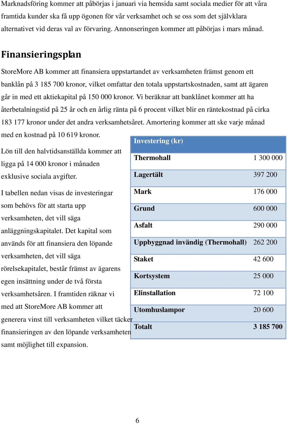 Finansieringsplan StoreMore AB kommer att finansiera uppstartandet av verksamheten främst genom ett banklån på 3 185 700 kronor, vilket omfattar den totala uppstartskostnaden, samt att ägaren går in