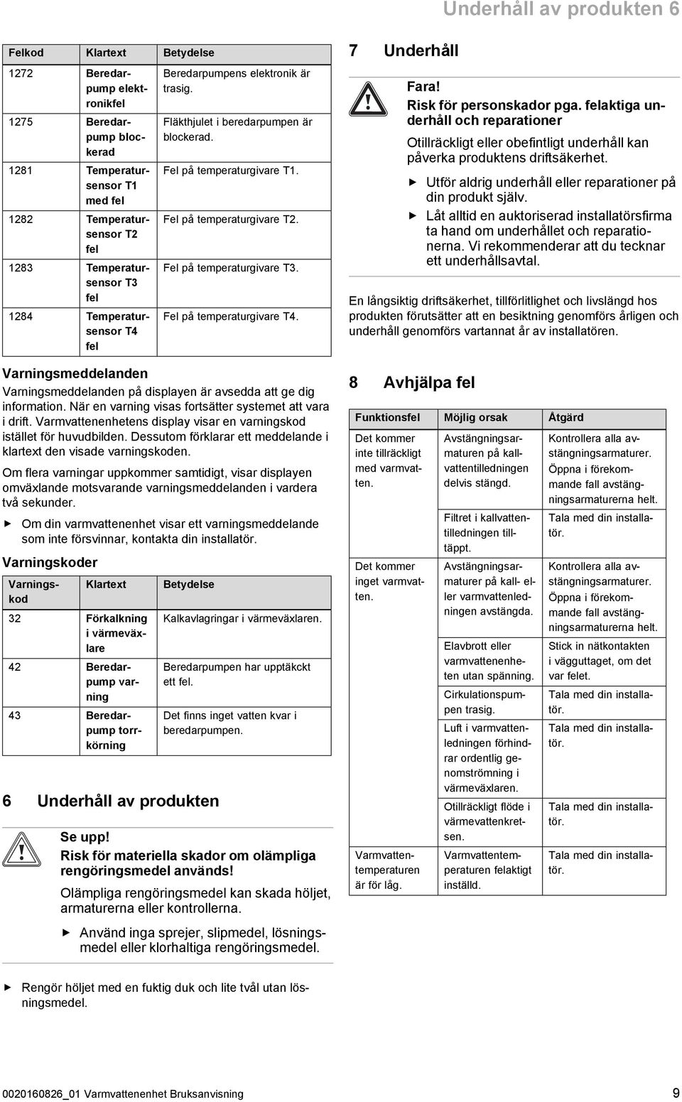 Fel på temperaturgivare T3. Fel på temperaturgivare T4. Fara! Risk för personskador pga.