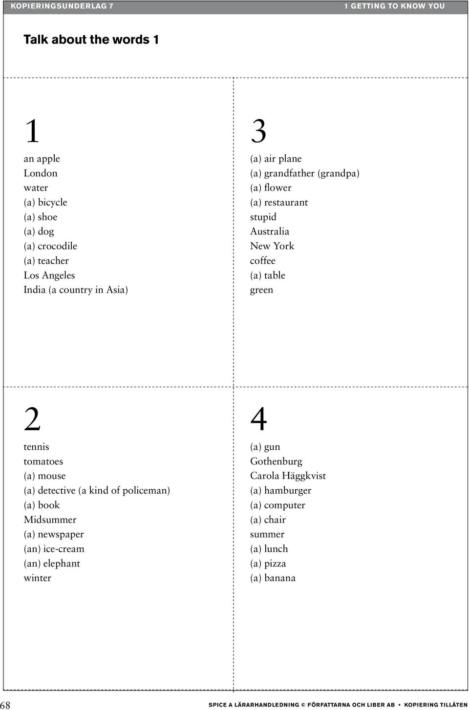 tennis tomatoes (a) mouse (a) detective (a kind of policeman) (a) book Midsummer (a) newspaper (an) ice-cream (an) elephant winter 4 (a) gun Gothenburg