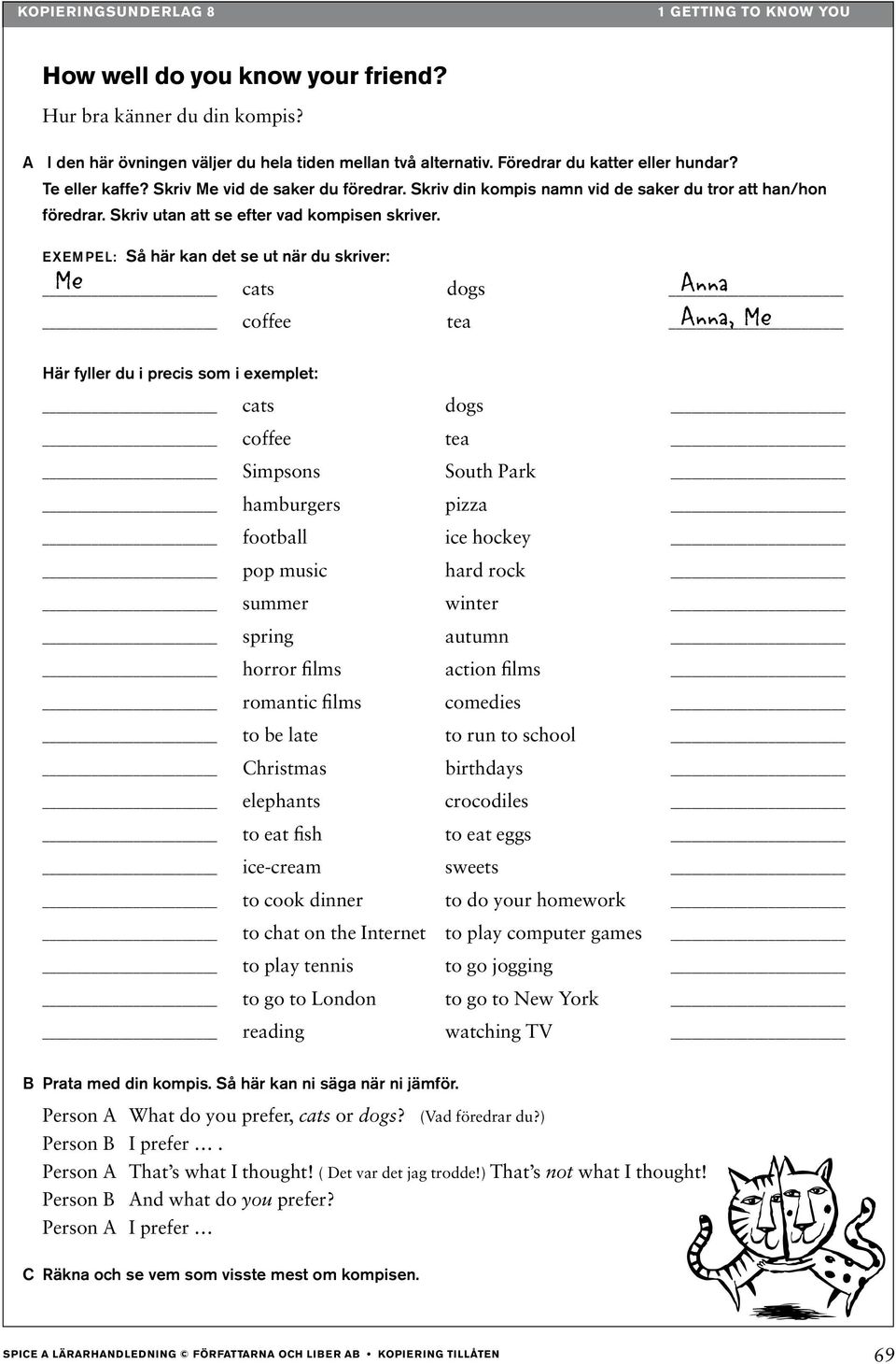 Exempel: Så här kan det se ut när du skriver: Me Anna Anna, Me cats dogs coffee tea Här fyller du i precis som i exemplet: cats dogs coffee tea Simpsons South Park hamburgers pizza football ice