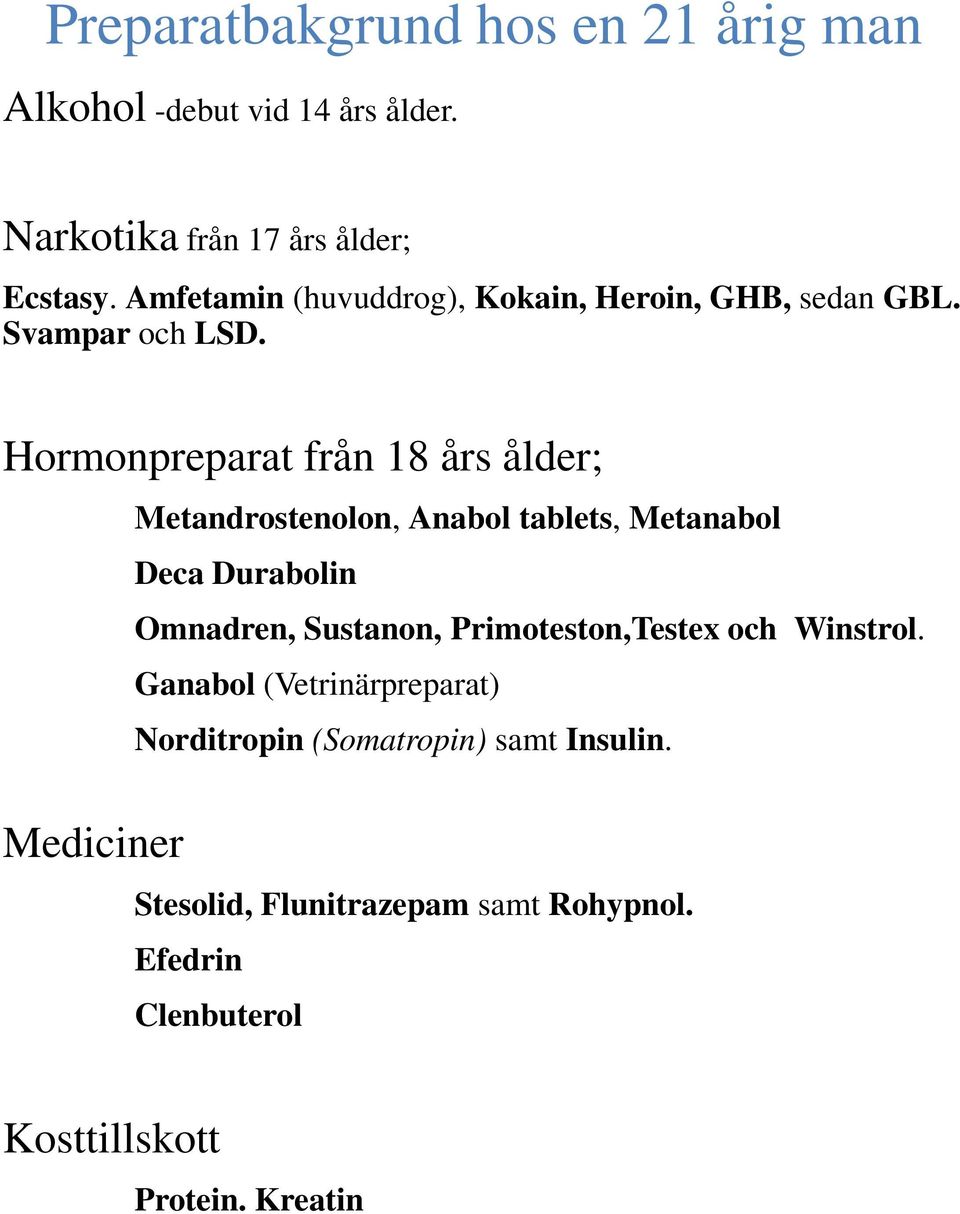 Hormonpreparat från 18 års ålder; Mediciner Metandrostenolon, Anabol tablets, Metanabol Deca Durabolin Omnadren, Sustanon,