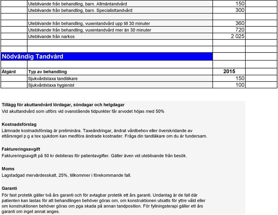 Tandvård 2015 Sjukvårdstaxa tandläkare 150 Sjukvårdstaxa hygienist 100 Tillägg för akuttandvård lördagar, söndagar och helgdagar Vid akuttandvård som utförs vid ovanstående tidpunkter får arvodet