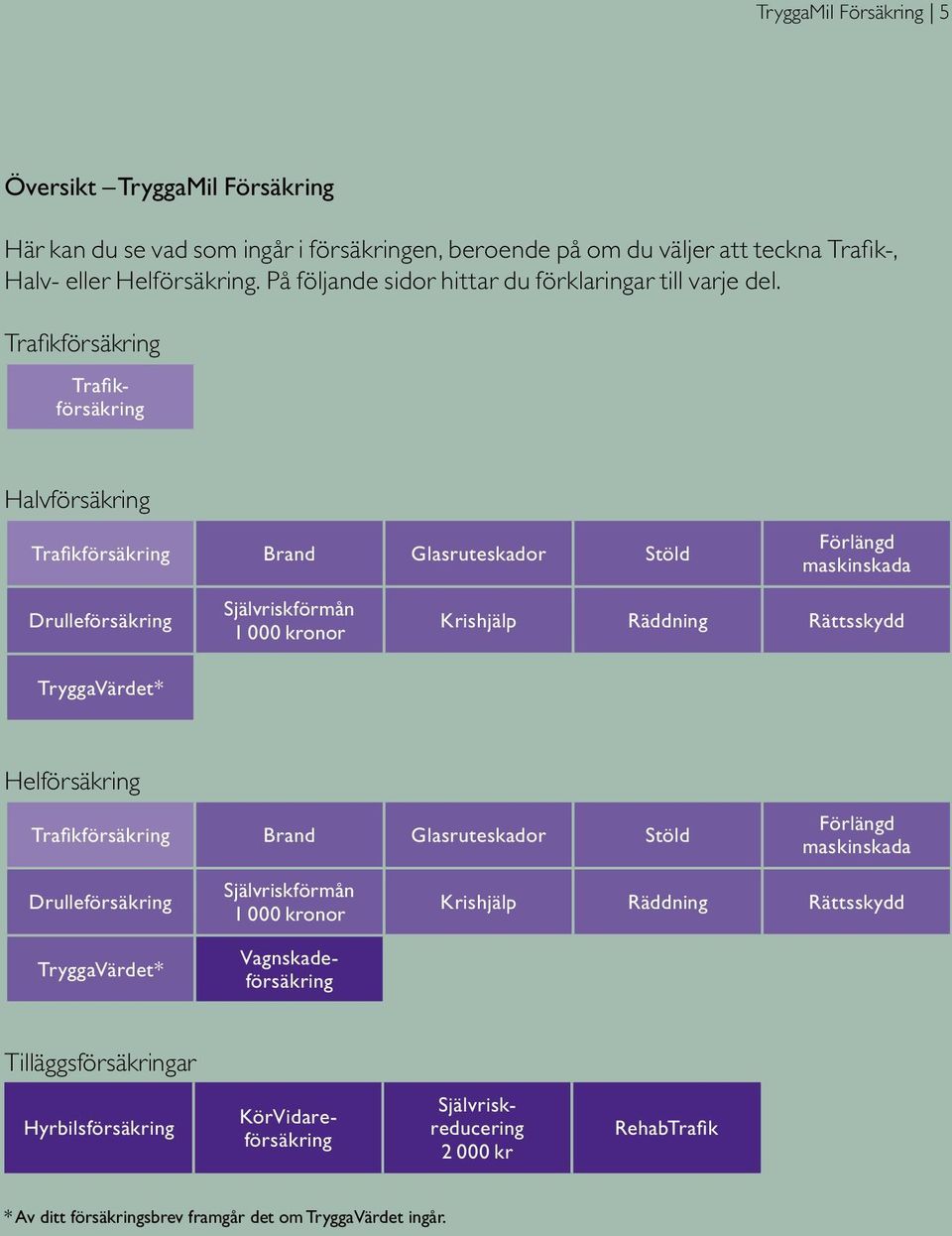 Trafikförsäkring Trafikförsäkring Halvförsäkring Trafikförsäkring Brand Glasruteskador Stöld Förlängd maskinskada Drulleförsäkring TryggaVärdet* Självriskförmån 1 000 kronor Krishjälp Räddning