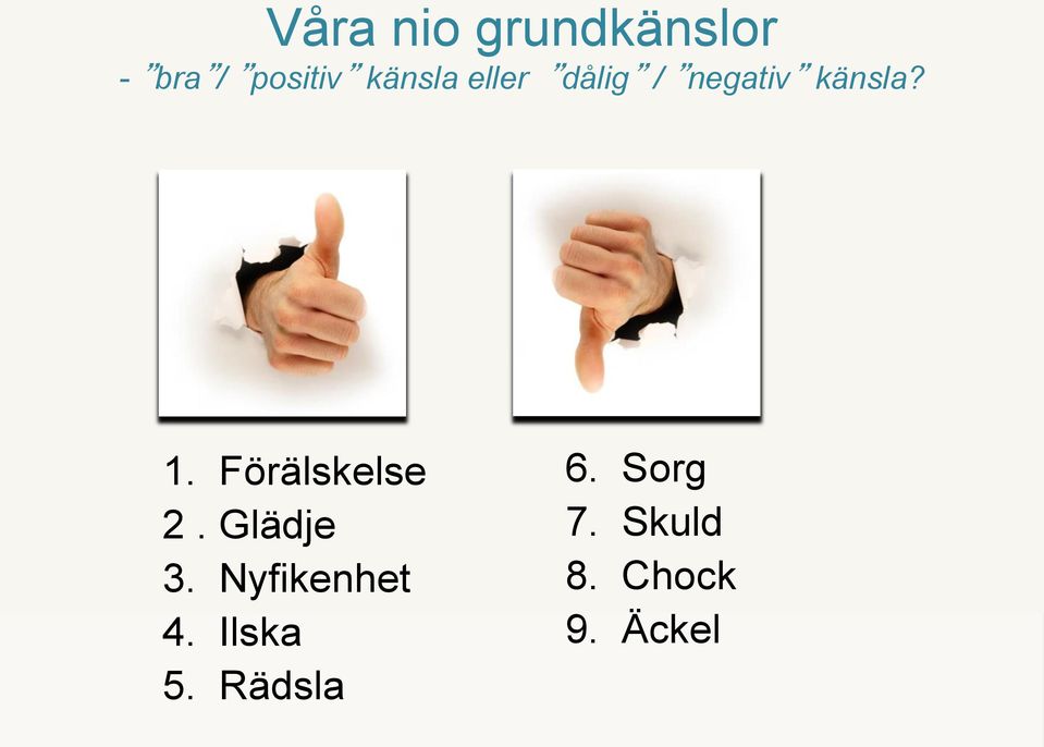 Förälskelse 2. Glädje 3. Nyfikenhet 4.