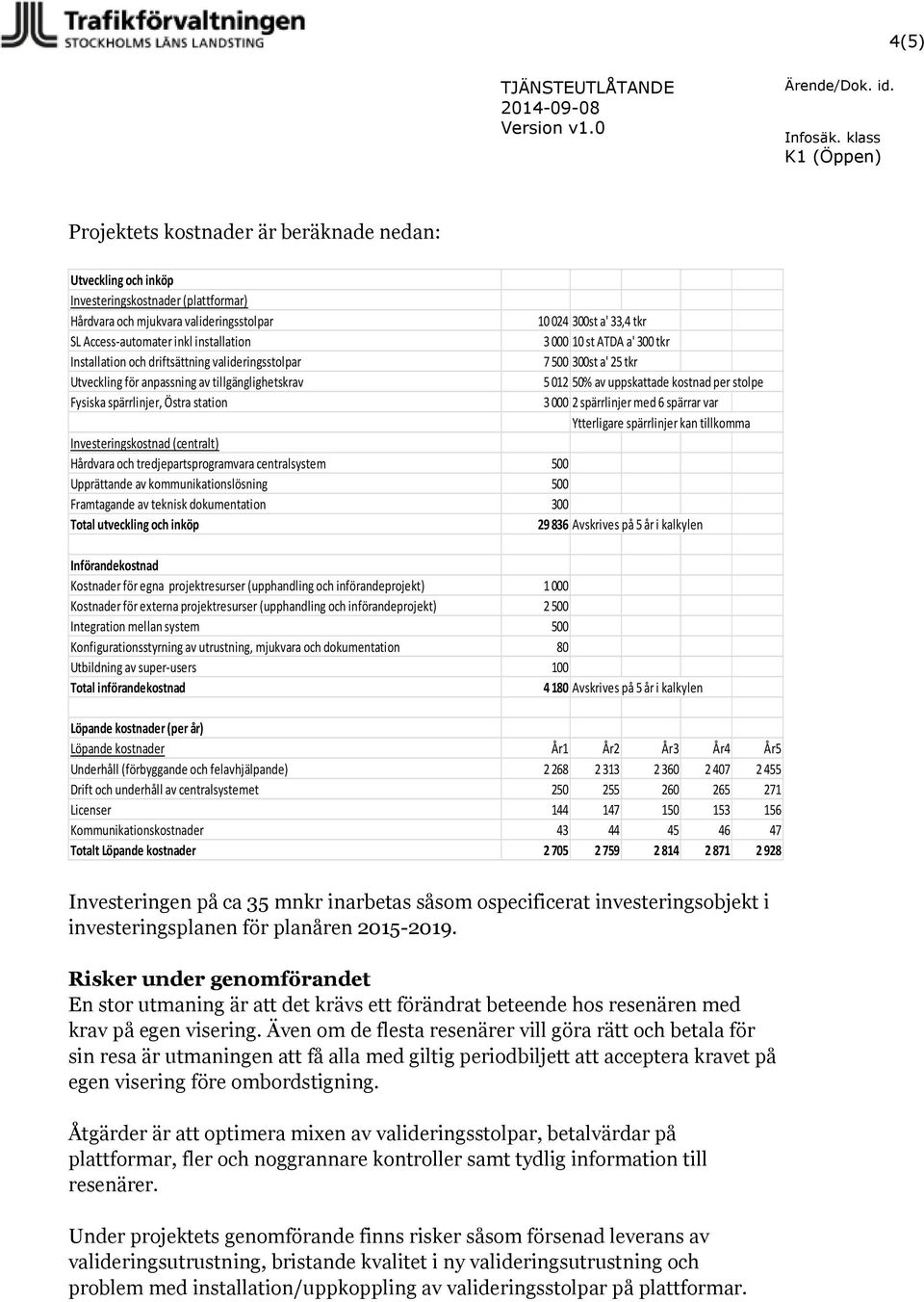 driftsättning valideringsstolpar Utveckling för anpassning av tillgänglighetskrav Fysiska spärrlinjer, Östra station 10 024 300st a' 33,4 tkr 3 000 10 st ATDA a' 300 tkr 7 500 300st a' 25 tkr 5 012