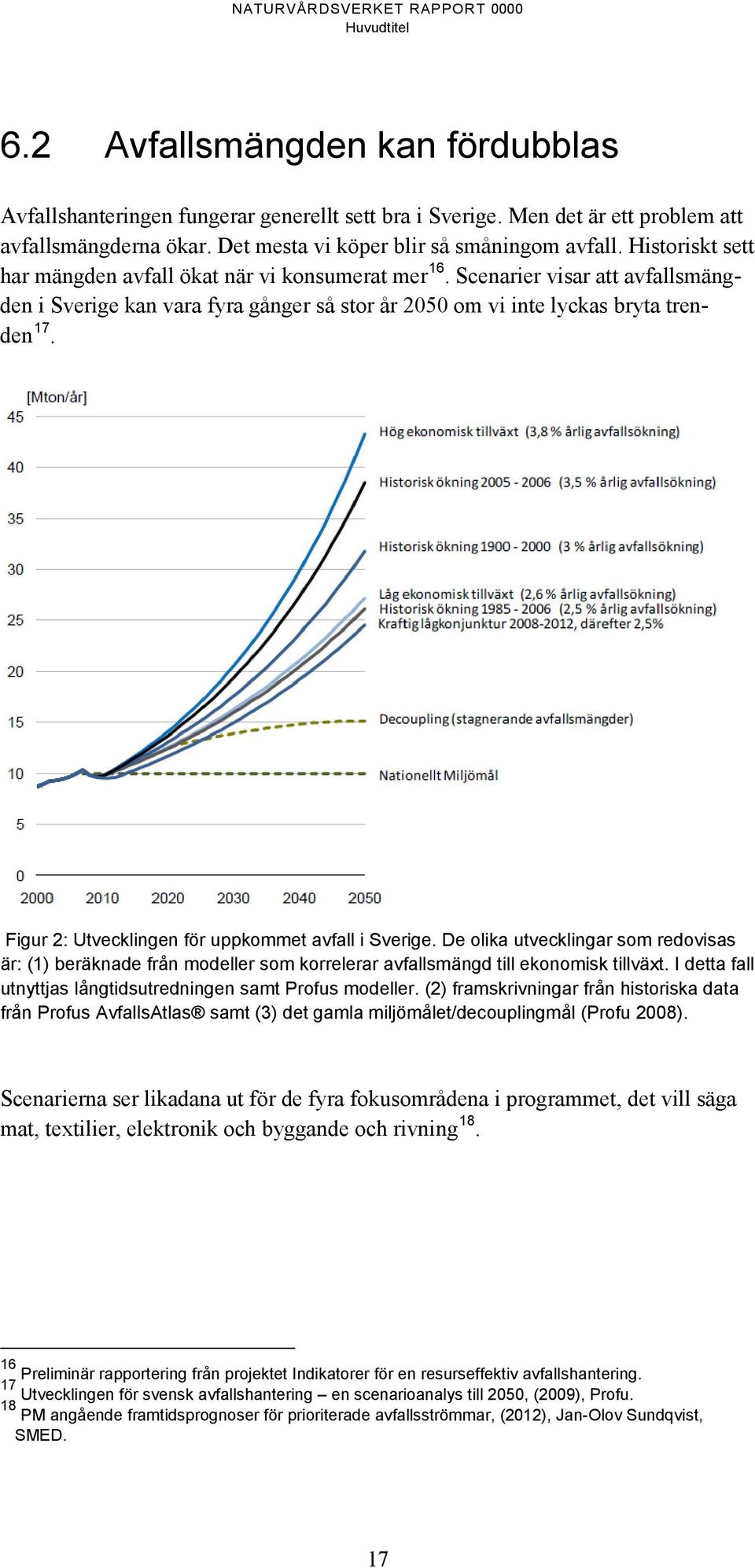 Figur 2: Utvecklingen för uppkommet avfall i Sverige. De olika utvecklingar som redovisas är: (1) beräknade från modeller som korrelerar avfallsmängd till ekonomisk tillväxt.
