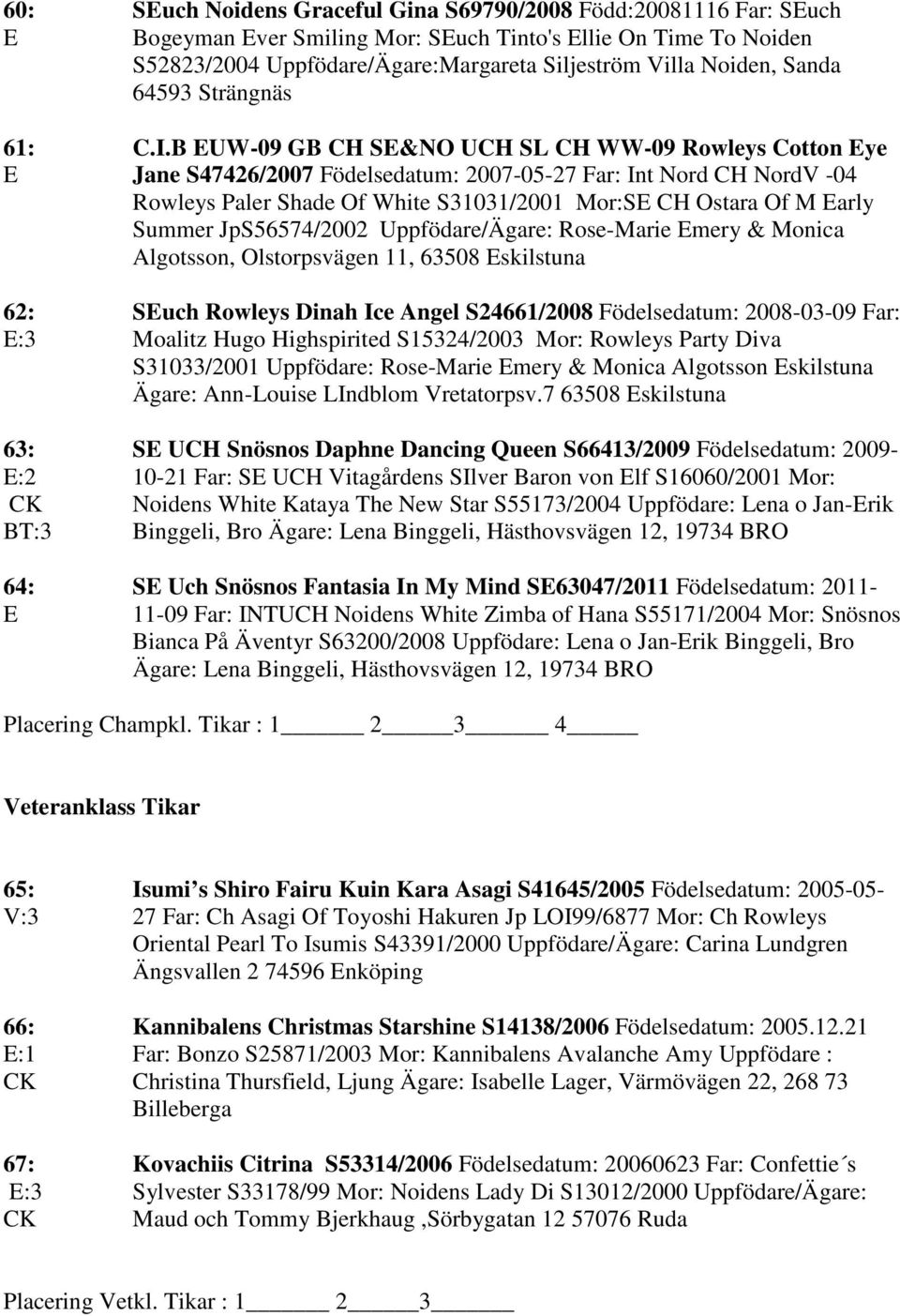 B EUW-09 GB CH SE&NO UCH SL CH WW-09 Rowleys Cotton Eye E Jane S47426/2007 Födelsedatum: 2007-05-27 Far: Int Nord CH NordV -04 Rowleys Paler Shade Of White S31031/2001 Mor:SE CH Ostara Of M Early