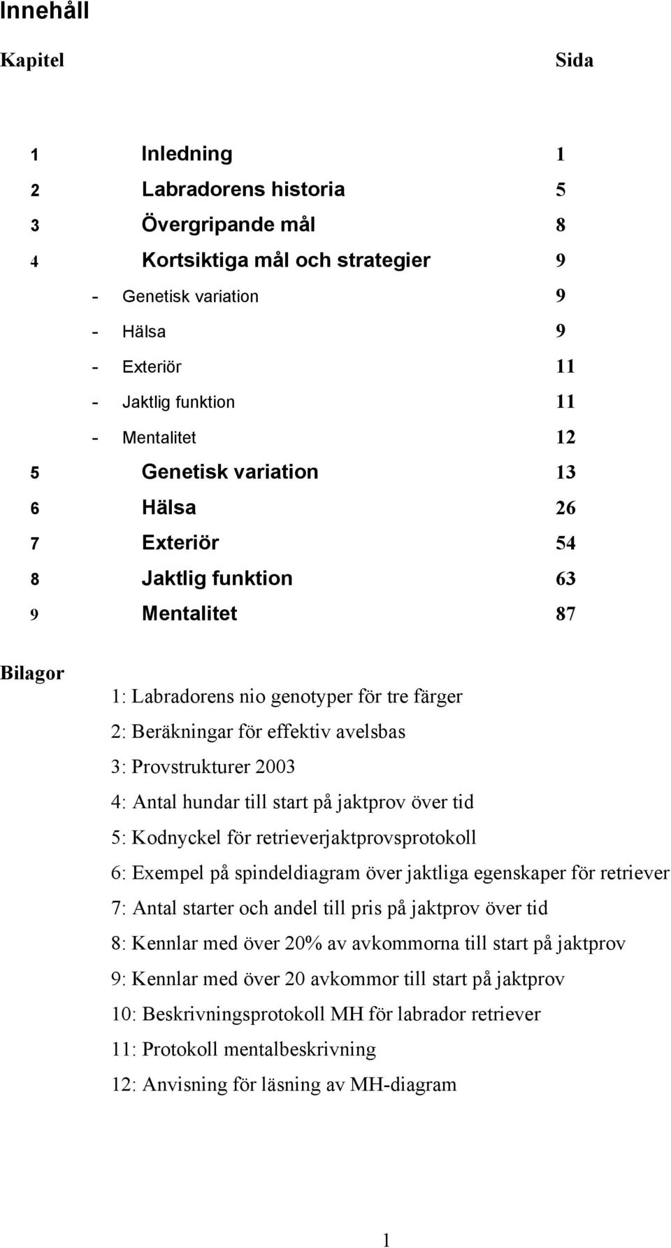 2003 4: Antal hundar till start på jaktprov över tid 5: Kodnyckel för retrieverjaktprovsprotokoll 6: Exempel på spindeldiagram över jaktliga egenskaper för retriever 7: Antal starter och andel till