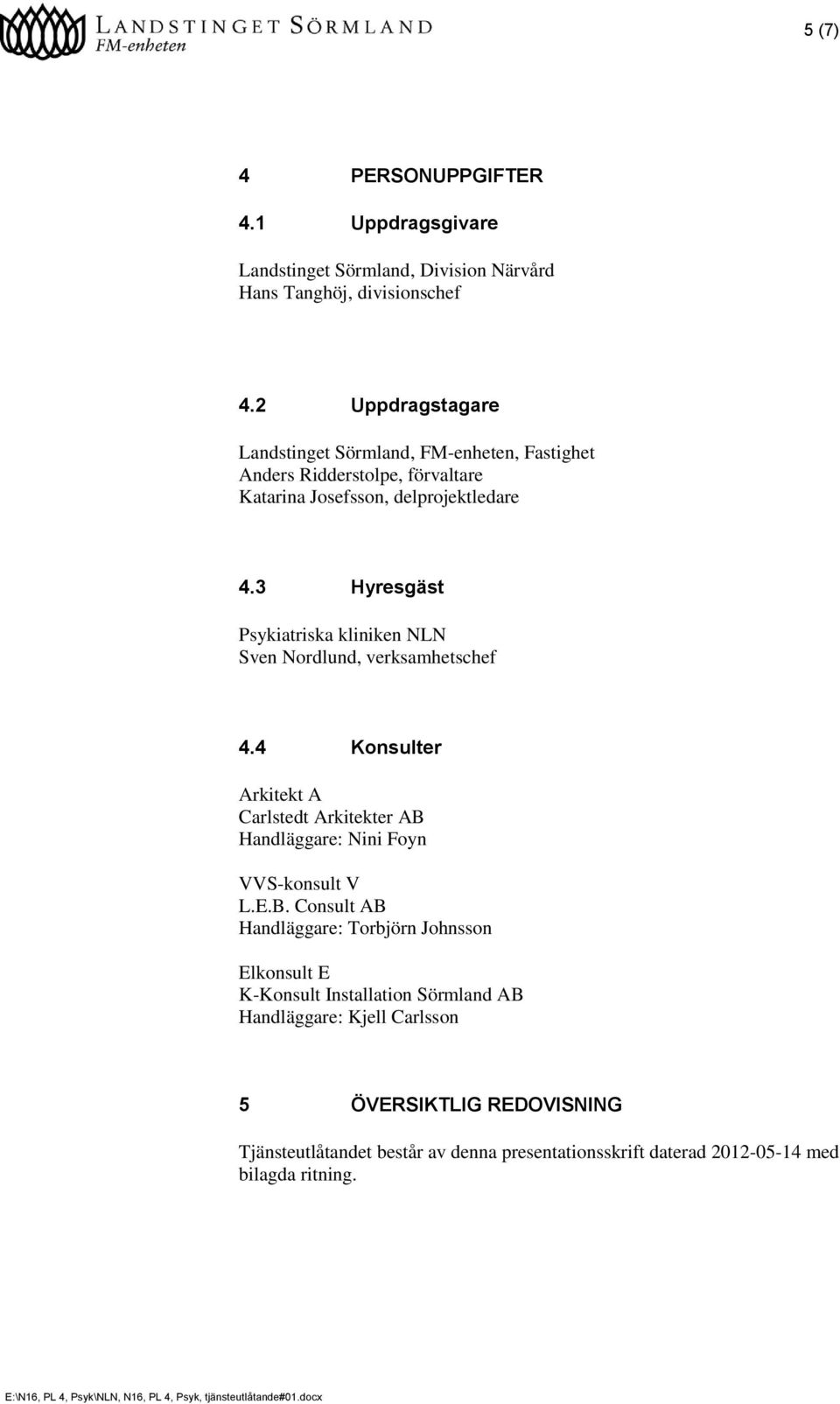 3 Hyresgäst Psykiatriska kliniken NLN Sven Nordlund, verksamhetschef 4.4 Konsulter Arkitekt A Carlstedt Arkitekter AB 