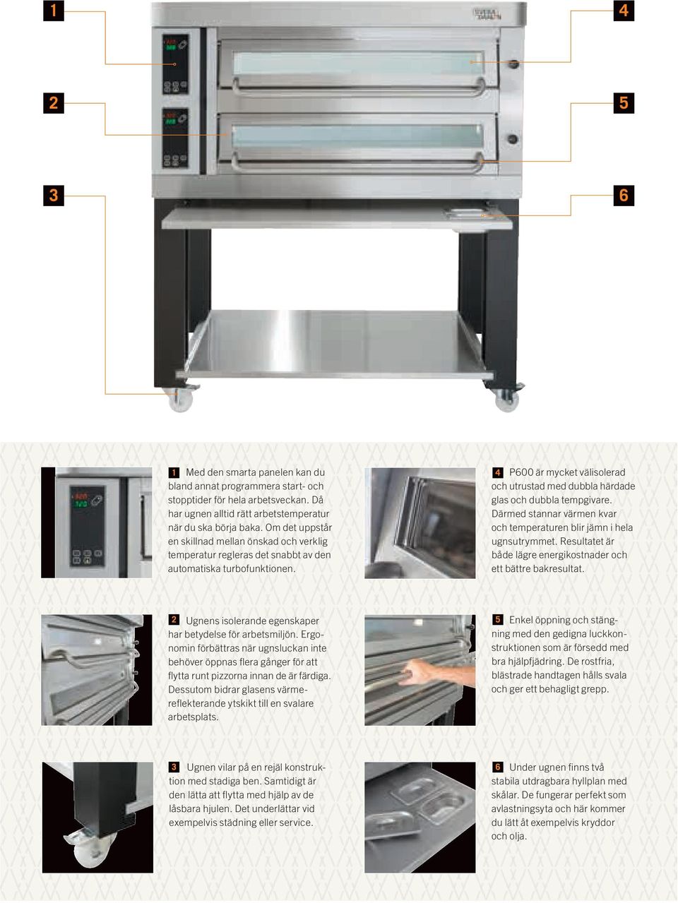 P600 är mycket välisolerad och utrustad med dubbla härdade glas och dubbla tempgivare. Därmed stannar värmen kvar och temperaturen blir jämn i hela ugnsutrymmet.