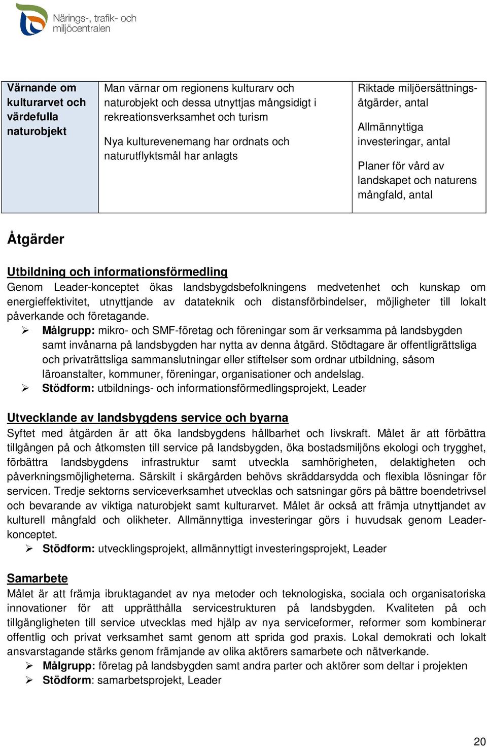 informationsförmedling Genom Leader-konceptet ökas landsbygdsbefolkningens medvetenhet och kunskap om energieffektivitet, utnyttjande av datateknik och distansförbindelser, möjligheter till lokalt