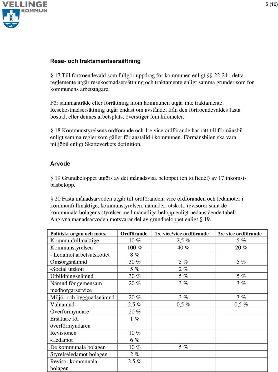 Resekostnadsersättning utgår endast om avståndet från den förtroendevaldes fasta bostad, eller dennes arbetsplats, överstiger fem kilometer.