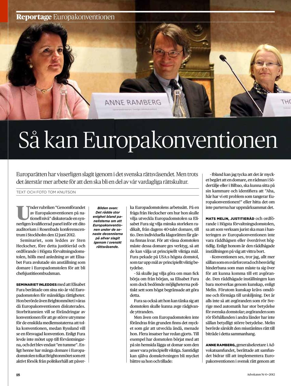 TEXT och foto tom knutson Under rubriken Genomförandet av Europakonventionen på nationell nivå diskuterade en synnerligen kvalificerad panel inför ett dito auditorium i Rosenbads konferenscentrum i