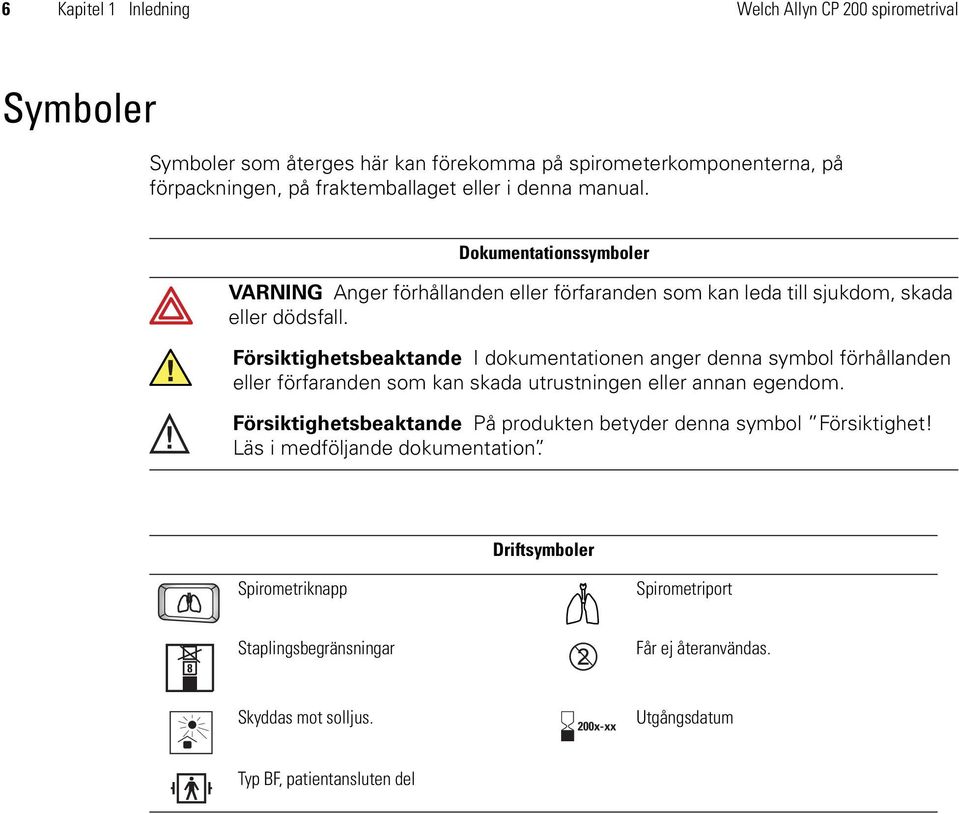 Försiktighetsbeaktande I dokumentationen anger denna symbol förhållanden eller förfaranden som kan skada utrustningen eller annan egendom.