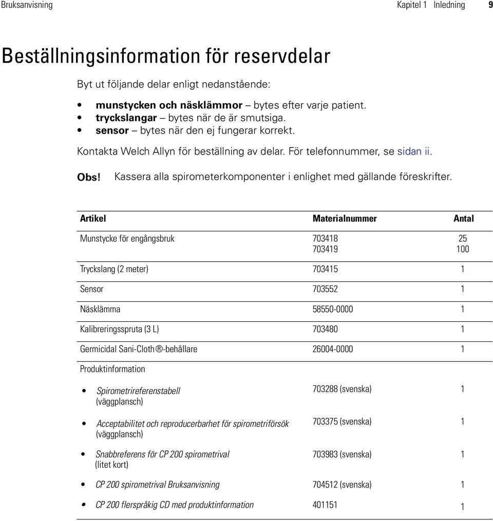 Kassera alla spirometerkomponenter i enlighet med gällande föreskrifter.