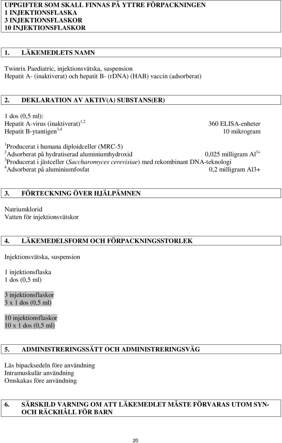 DEKLARATION AV AKTIV(A) SUBSTANS(ER) 1 dos (0,5 ml): Hepatit A-virus (inaktiverat) 1,2 Hepatit B-ytantigen 3,4 360 ELISA-enheter 10 mikrogram 1 Producerat i humana diploidceller (MRC-5) 2 Adsorberat