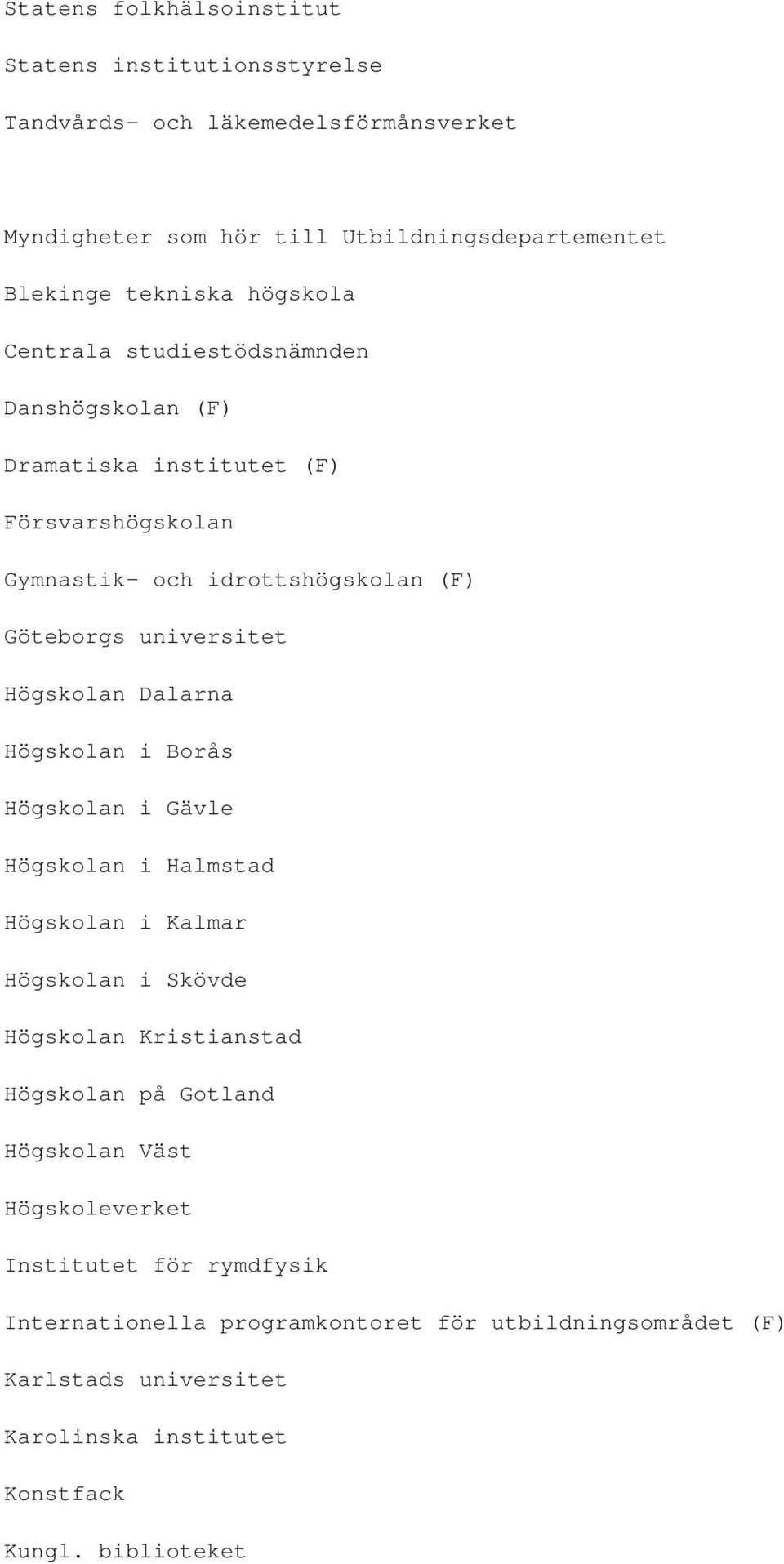 Högskolan Dalarna Högskolan i Borås Högskolan i Gävle Högskolan i Halmstad Högskolan i Kalmar Högskolan i Skövde Högskolan Kristianstad Högskolan på Gotland