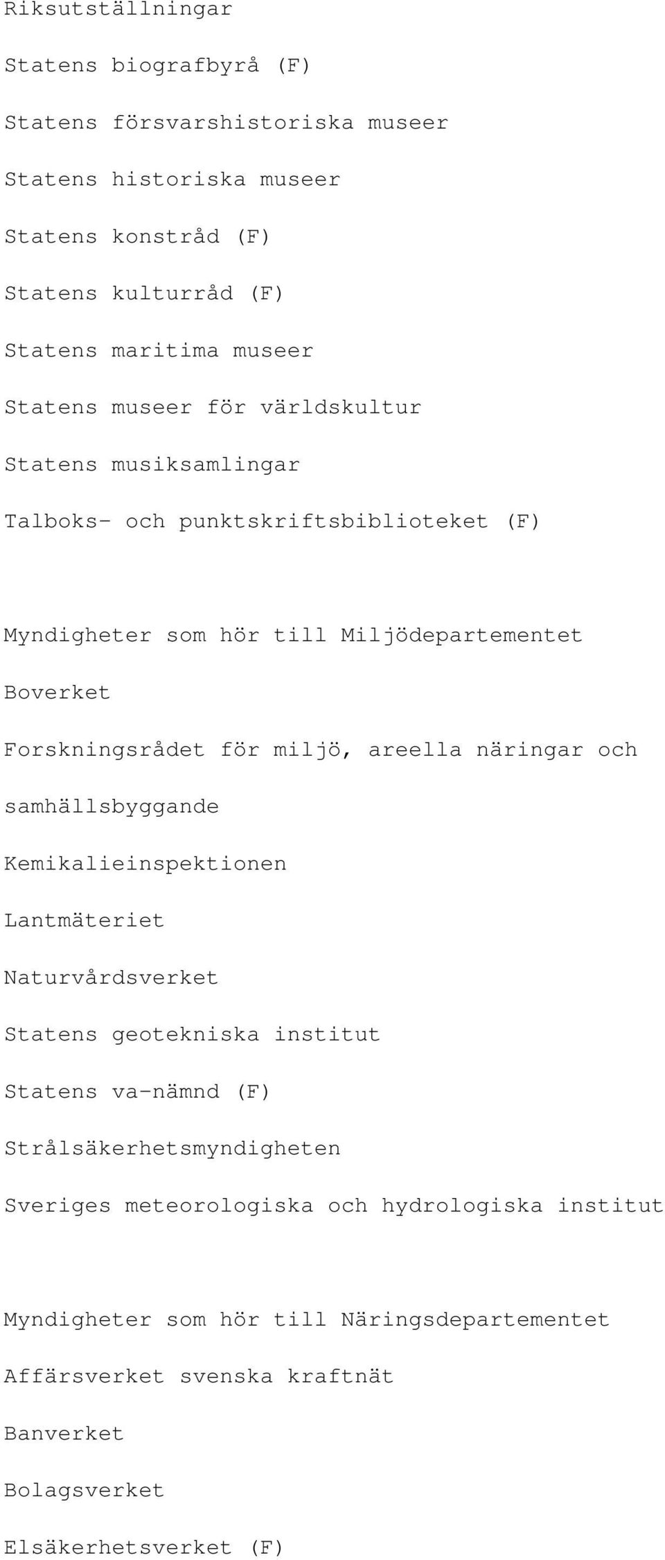 miljö, areella näringar och samhällsbyggande Kemikalieinspektionen Lantmäteriet Naturvårdsverket Statens geotekniska institut Statens va-nämnd (F)