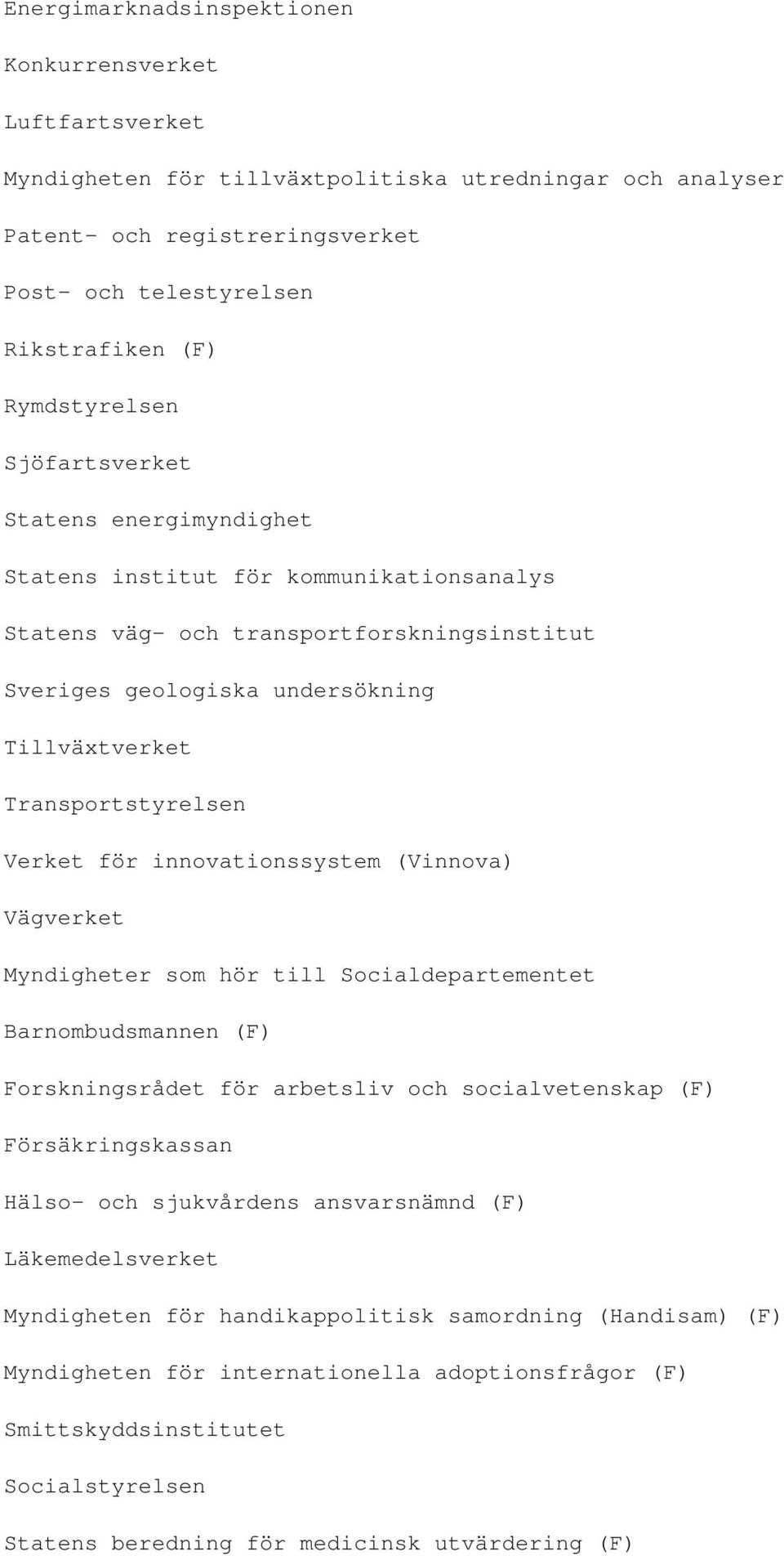 Transportstyrelsen Verket för innovationssystem (Vinnova) Vägverket Myndigheter som hör till Socialdepartementet Barnombudsmannen (F) Forskningsrådet för arbetsliv och socialvetenskap (F)