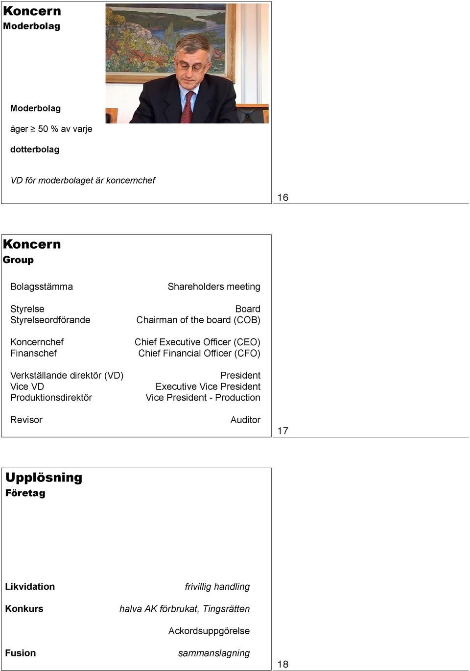 Moderbolag äger 50 % av varje dotterbolag VD för moderbolaget är koncernchef 16 Koncern Group Bolagsstämma Styrelse Styrelseordförande Koncernchef Finanschef Verkställande direktör (VD) Vice VD