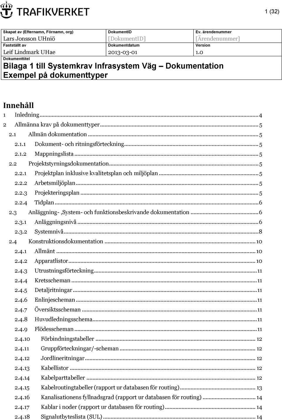 .. 5 2.1.2 Mappningslista... 5 2.2 Projektstyrningsdokumentation... 5 2.2.1 Projektplan inklusive kvalitetsplan och miljöplan... 5 2.2.2 Arbetsmiljöplan... 5 2.2.3 Projekteringsplan... 5 2.2.4 Tidplan.