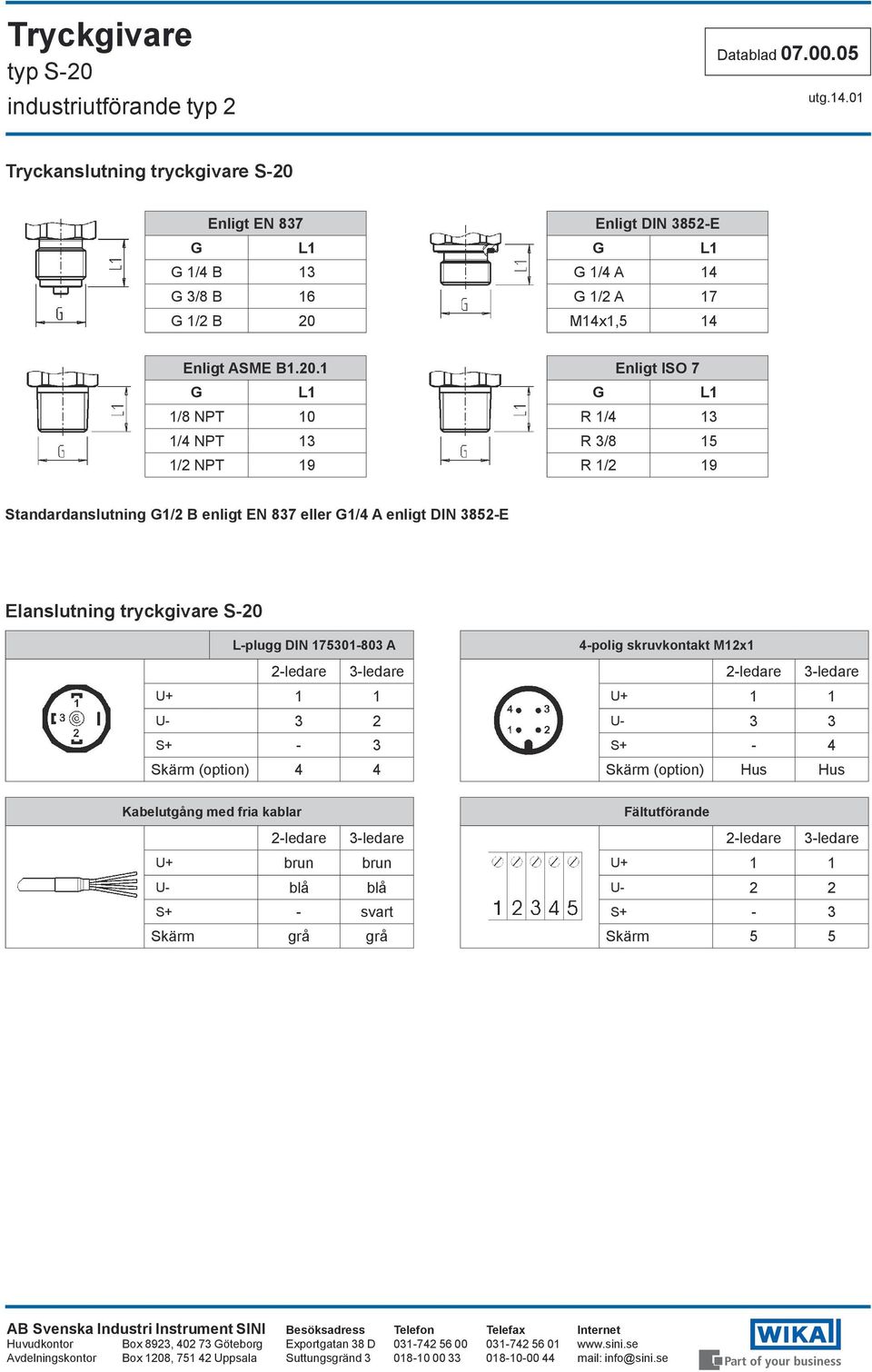 1 1/8 NPT 10 1/4 NPT 13 1/2 NPT 19 Enligt ISO 7 R 1/4 13 R 3/8 15 R 1/2 19 Standardanslutning 1/2 B enligt EN 837 eller