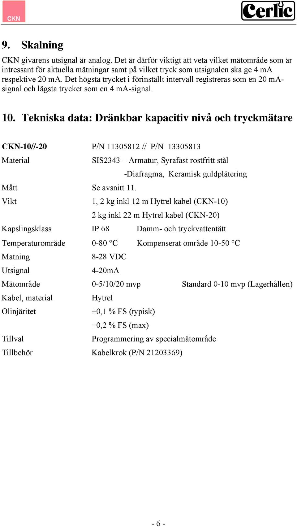 Tekniska data: Dränkbar kapacitiv nivå och tryckmätare CKN-10//-20 P/N 11305812 // P/N 13305813 Material SIS2343 Armatur, Syrafast rostfritt stål -Diafragma, Keramisk guldplätering Mått Se avsnitt 11.