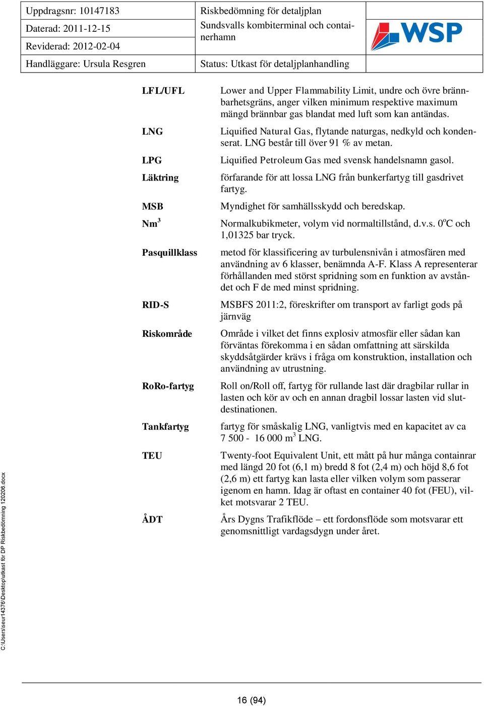 Sundsvalls kombiterminal och containerhamn Lower and Upper Flammability Limit, undre och övre brännbarhetsgräns, anger vilken minimum respektive maximum mängd brännbar gas blandat med luft som kan