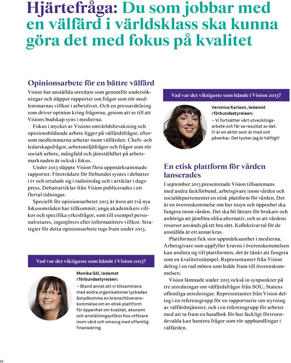 Fokus i mycket av Visions omvärldsbevakning och opinionsbildande arbete ligger på välfärdsfrågor, eftersom medlemmarna arbetar inom välfärden.