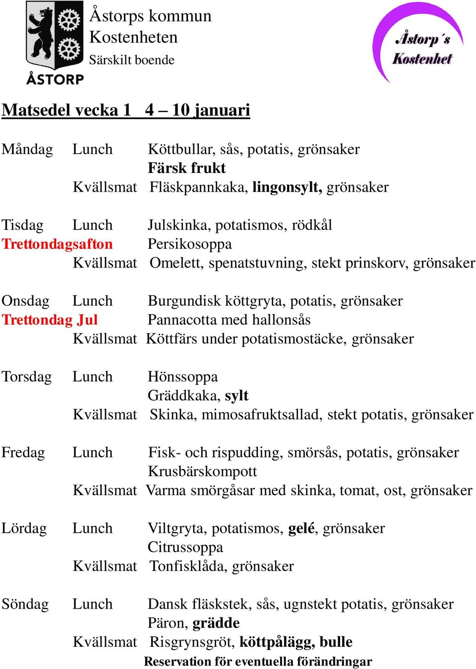 grönsaker Torsdag Lunch Hönssoppa Gräddkaka, sylt Kvällsmat Skinka, mimosafruktsallad, stekt potatis, grönsaker Fredag Lunch Fisk- och rispudding, smörsås, potatis, grönsaker Krusbärskompott