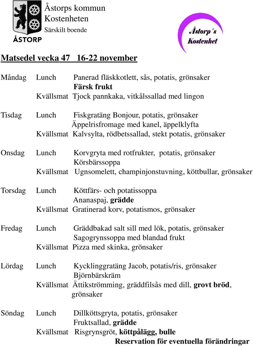 champinjonstuvning, köttbullar, grönsaker Torsdag Lunch Köttfärs- och potatissoppa Ananaspaj, grädde Kvällsmat Gratinerad korv, potatismos, grönsaker Fredag Lunch Gräddbakad salt sill med lök,