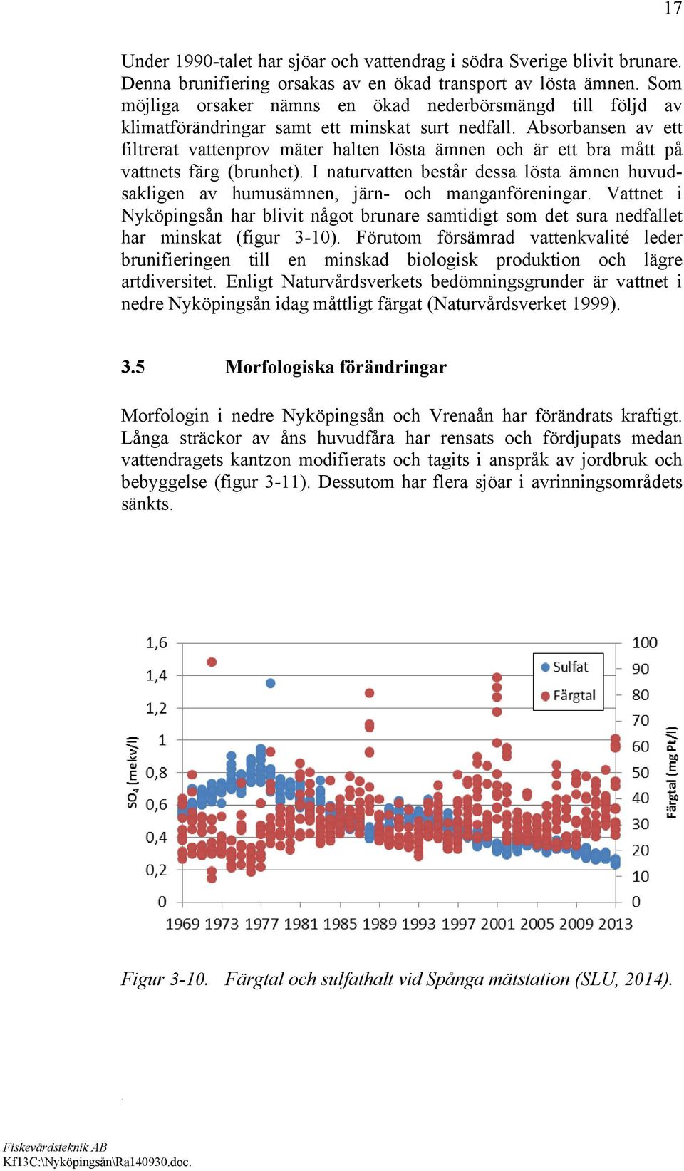 ämnen huvudsakligen av humusämnen, järn- och manganföreningar Vattnet i Nyköpingsån har blivit något brunare samtidigt som det sura nedfallet har minskat (figur 3-10) Förutom försämrad vattenkvalité