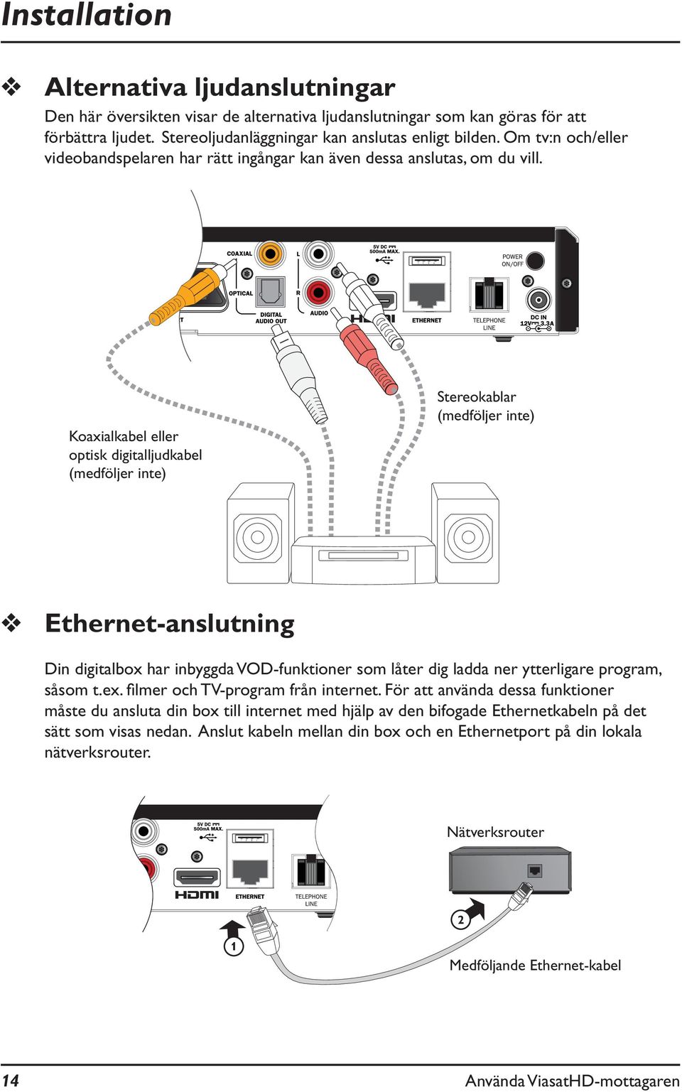 Koaxialkabel eller optisk digitalljudkabel (medföljer inte) Stereokablar (medföljer inte) Ethernet-anslutning Din digitalbox har inbyggda VOD-funktioner som låter dig ladda ner ytterligare program,