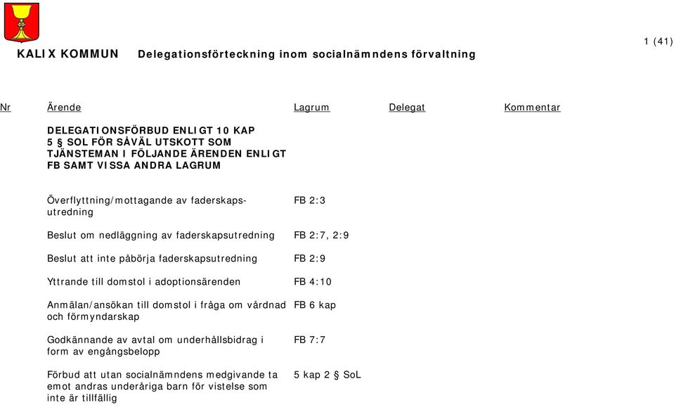 faderskapsutredning FB 2:9 Yttrande till domstol i adoptionsärenden FB 4:10 Anmälan/ansökan till domstol i fråga om vårdnad och förmyndarskap