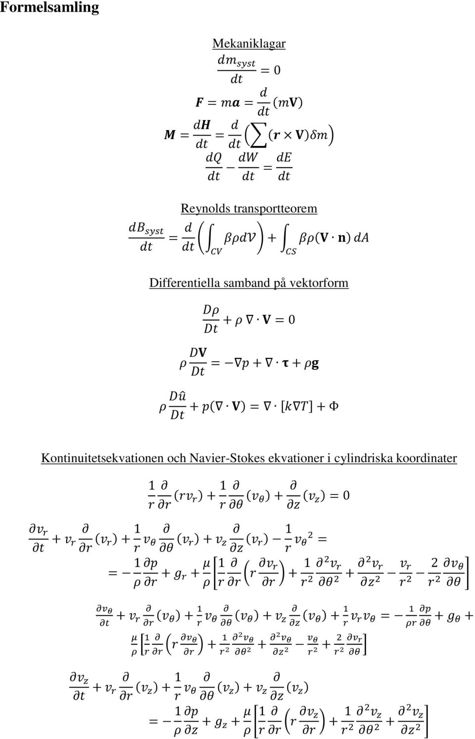 (v z) = 0 v r + v r (v r) + 1 r v θ (v r) + v z (v r) 1 r v θ 2 = = 1 ρ + g r + μ ρ 1 r r v r + 1 2 v r r 2 θ 2 + 2 v r z 2 v r r 2 2 v θ r 2 v θ + v r (v θ) + 1 r v θ μ ρ 1 r (v θ) + v (v