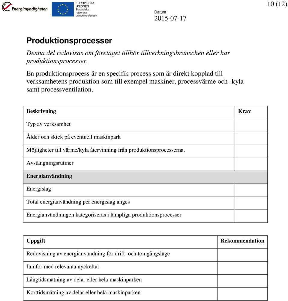 Typ av verksamhet Ålder och skick på eventuell maskinpark Möjligheter till värme/kyla återvinning från produktionsprocesserna.