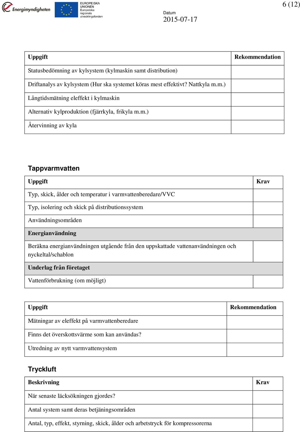 från den uppskattade vattenanvändningen och nyckeltal/schablon Underlag från företaget Vattenförbrukning (om möjligt) Mätningar av eleffekt på varmvattenberedare Finns det överskottsvärme som kan