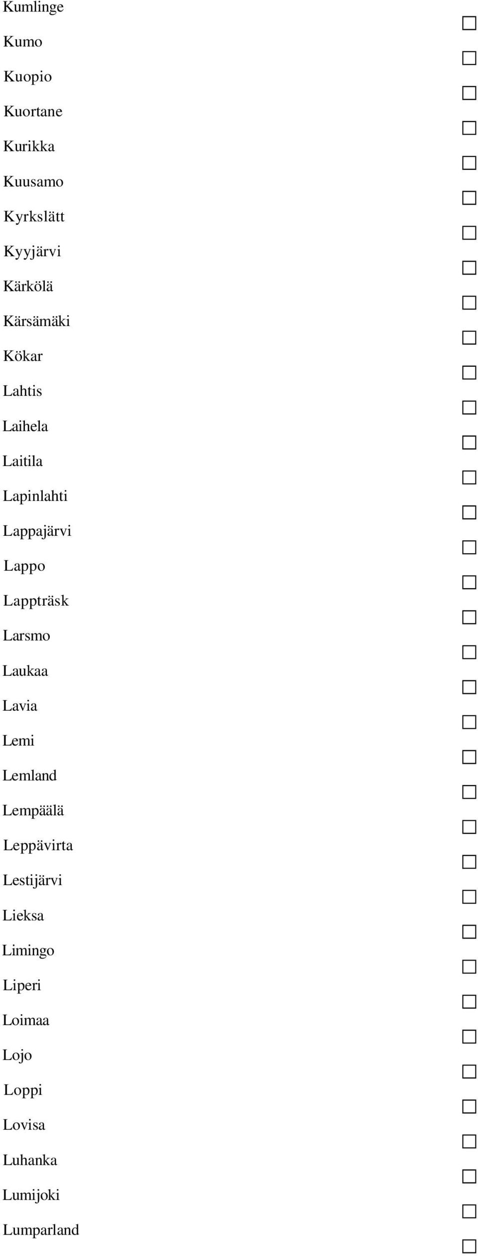 Lappo Lappträsk Larsmo Laukaa Lavia Lemi Lemland Lempäälä Leppävirta